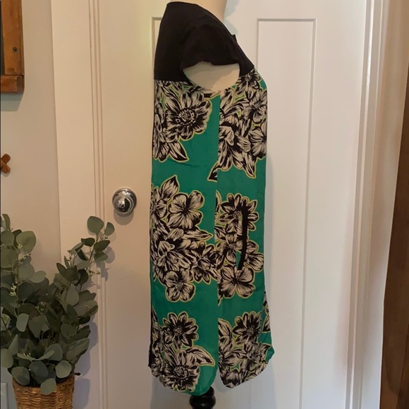 Anthropologie Maeve 100% silk cap sleeve 0 green black white mini pockets dress - Picture 4 of 15